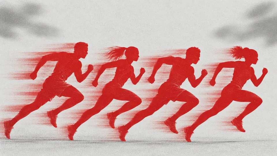 Illustration of four runners in red sprinting with motion streaks